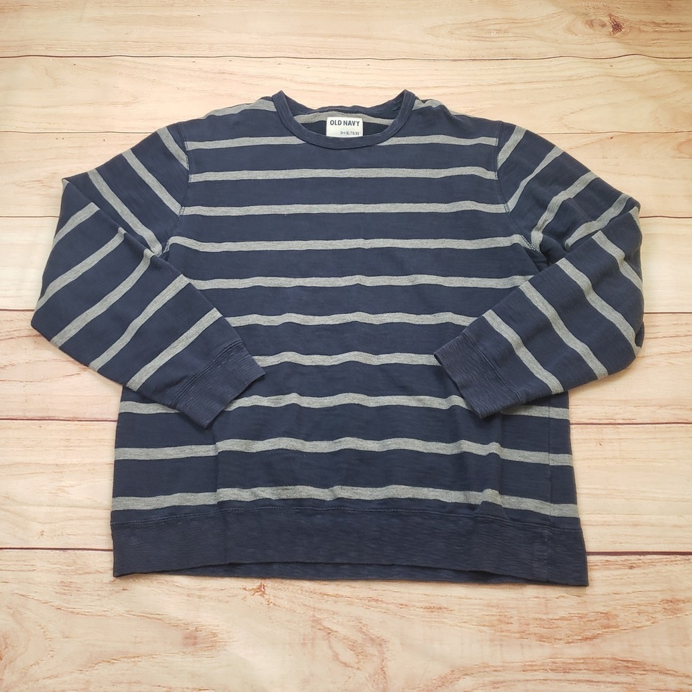 Old Navy Sweatshirt Mens XL Navy Blue Gray Striped Crewneck Long Sleeve Pullover